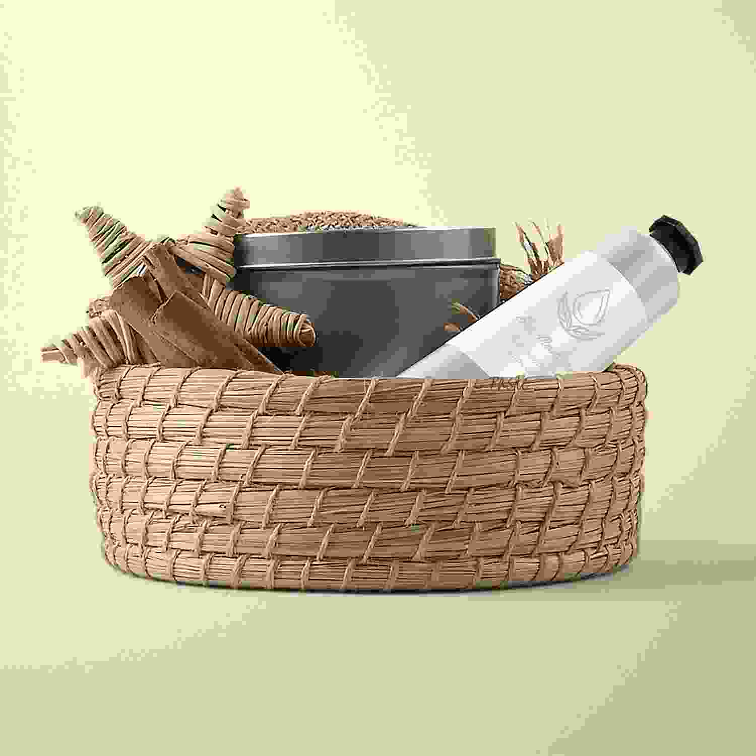 wood basket with items wood basket with items